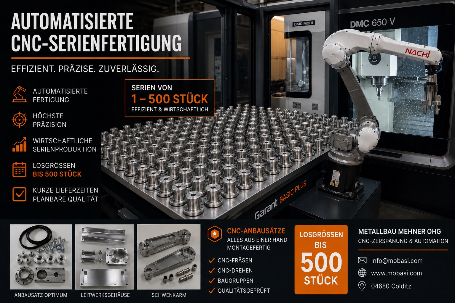 Automatisiertes CNC-Fräsen: DMC 650 V mit Roboteranlage DMG MORI DMC 650 V CNC-Fräsmaschine mit Roboterzelle und präzise gefrästen Bauteilen bei mobasi.com in Colditz