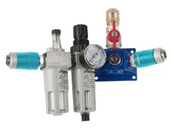 Endverteilerdose mit zwei Sicherheitskupplungen, Absperrhahn, Filterdruckregler und Nebelöler EVD15 2xSK-AH-FDR-NO